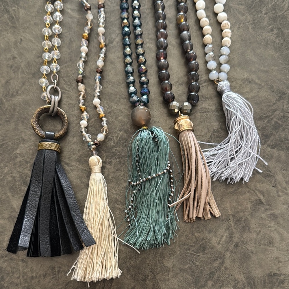 Elegant Tassel Necklace Set - Black, Cream, Green, Tan, Silver